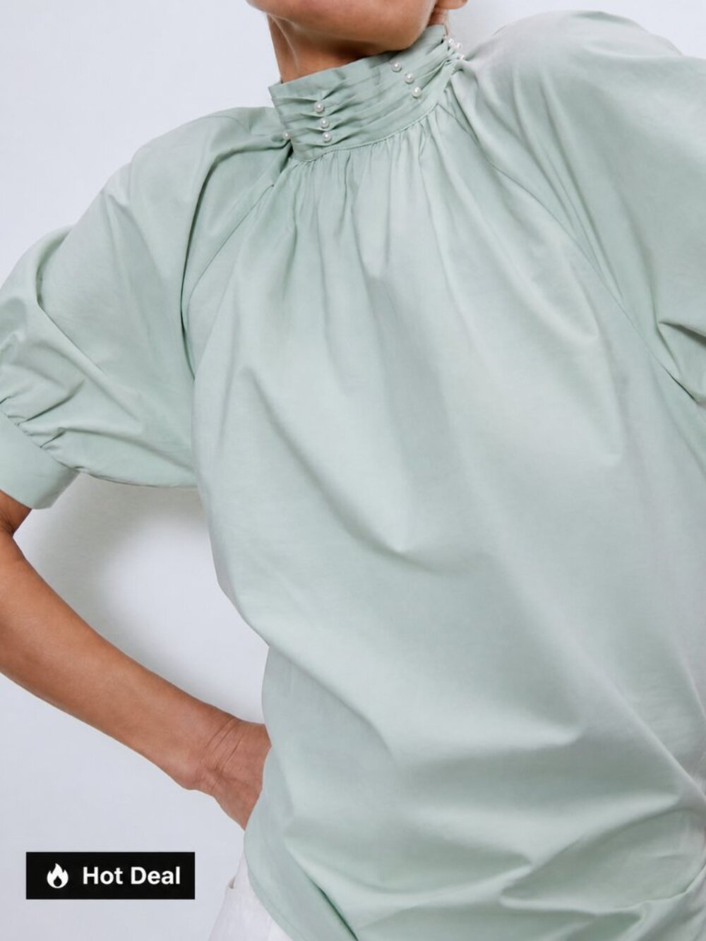 NWT Zara poplin blouse with pearls light green 100% cotton Embroidered